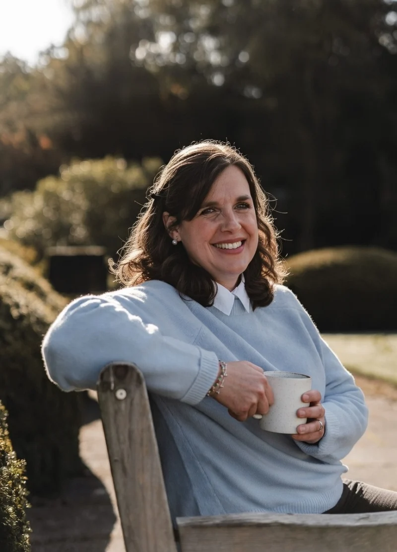 Sitting-on-bench Caitlin therapist in Edinburgh outdoor portrait